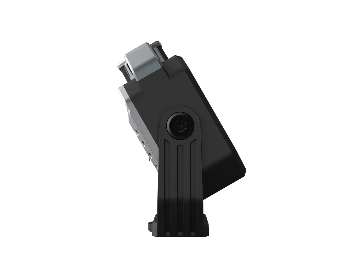 Profile view of a sleek, compact black outdoor lantern with a sturdy base and integrated lens.