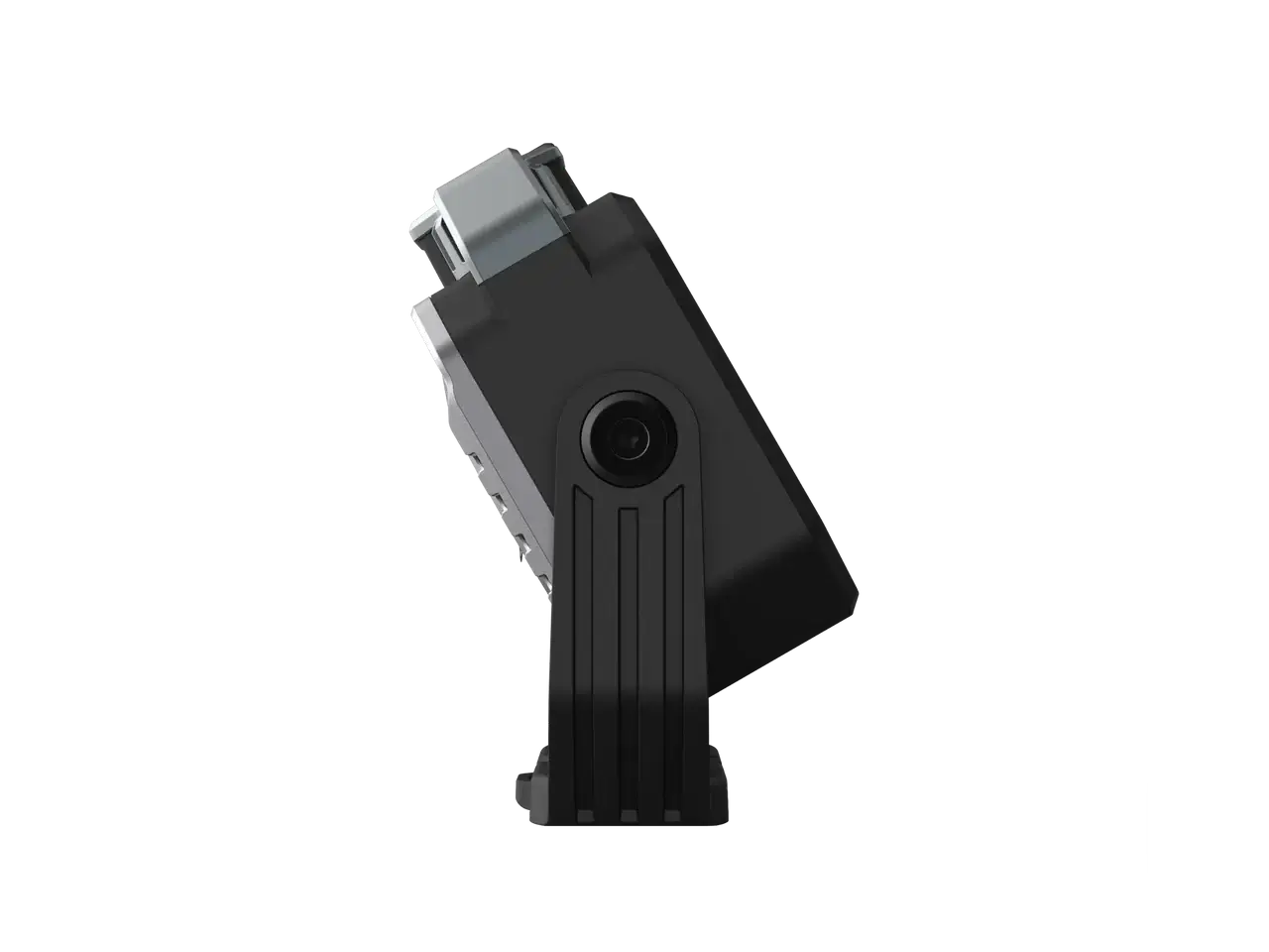 Profile view of a sleek, compact black outdoor lantern with a sturdy base and integrated lens.