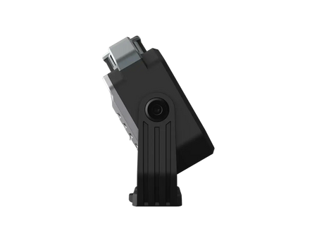 Profile view of a sleek, compact black outdoor lantern with a sturdy base and integrated lens.