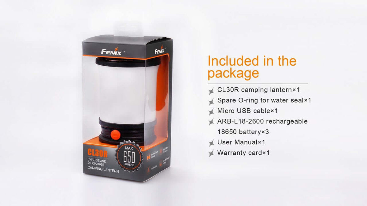 Fenix CL30R camping lantern packaging, features included items like USB cable, batteries, user manual, and warranty card.