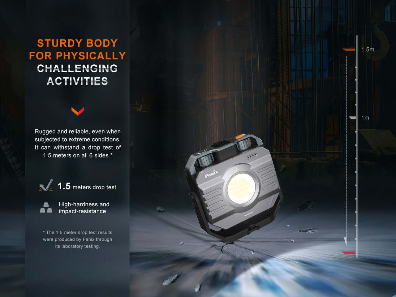 Fenix CL28R outdoor lantern showcasing its sturdy design and 1.5m drop-test durability for rugged activities.