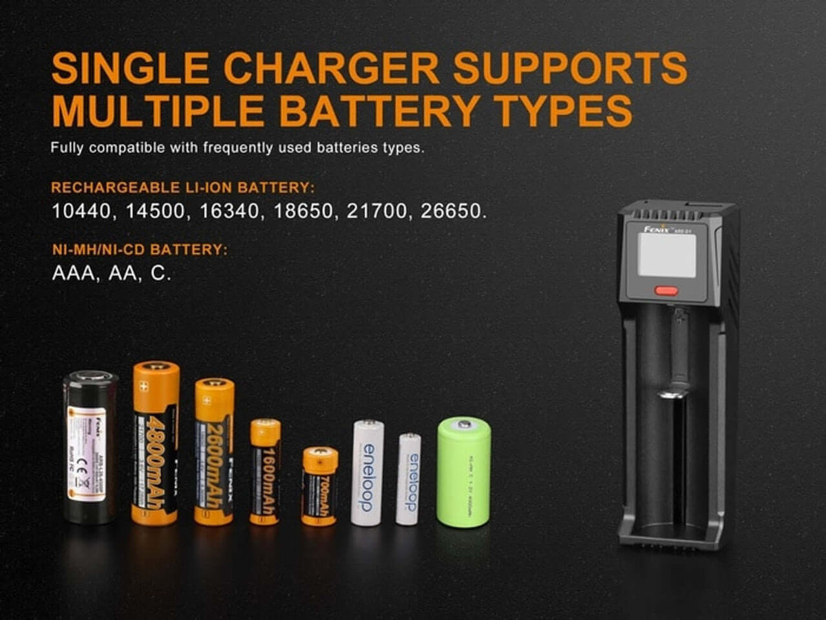 Fenix ARE-D1 charger supporting various battery types, including Li-Ion and Ni-MH, showcasing rechargeable batteries.