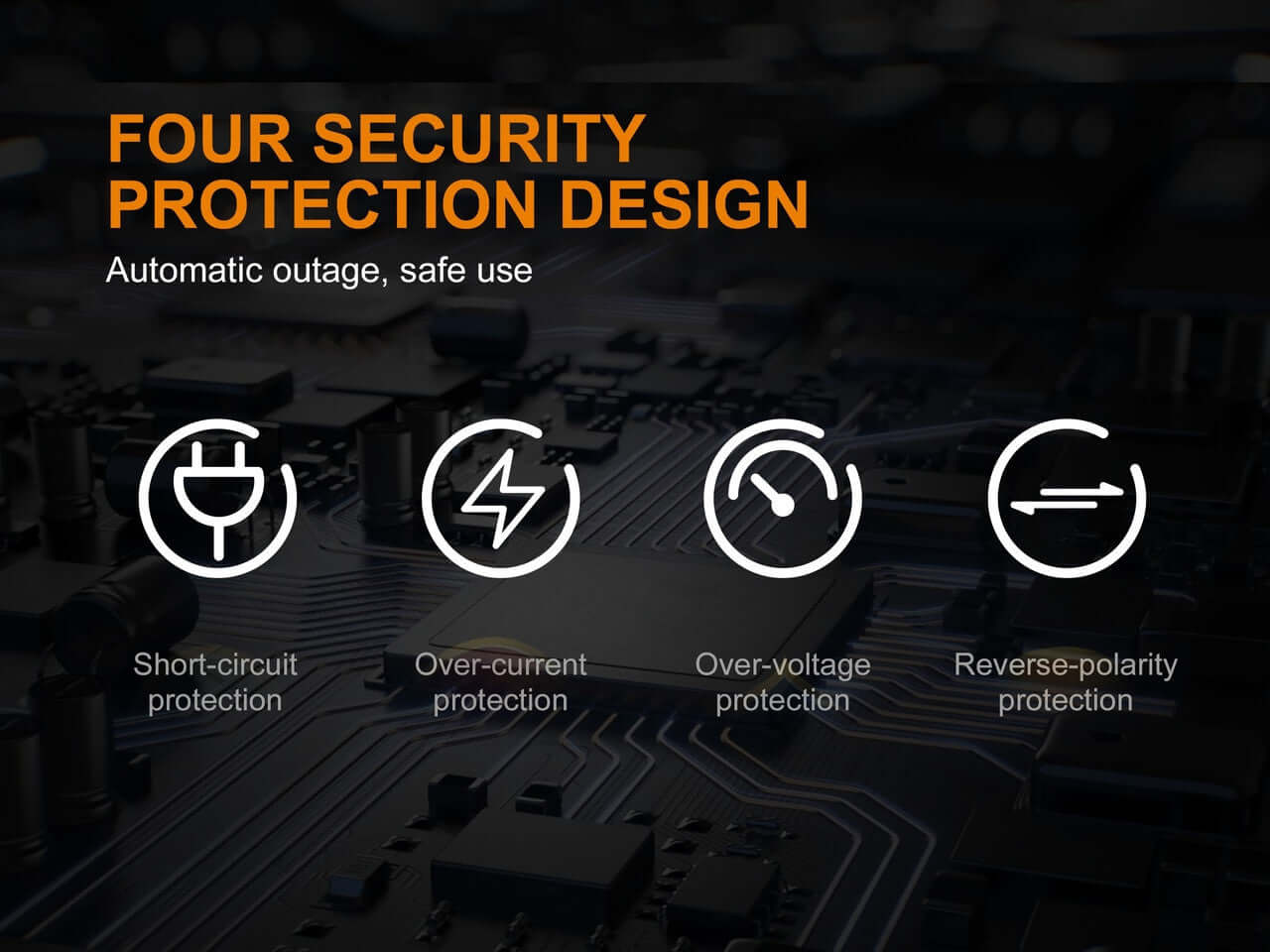 Infographic highlighting four security protections: short-circuit, over-current, over-voltage, and reverse-polarity for charger safety.
