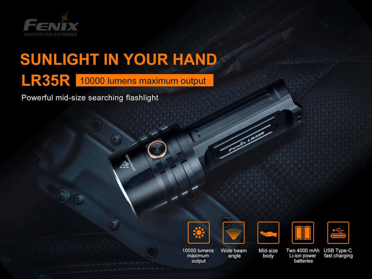 Fenix LR35R rechargeable flashlight showcasing 10000 lumens, USB Type-C charging, and wide beam angle.