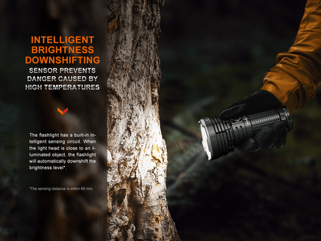 Fenix LR40R V2 flashlight demonstrating intelligent brightness downshifting near a tree, highlighting safety features.