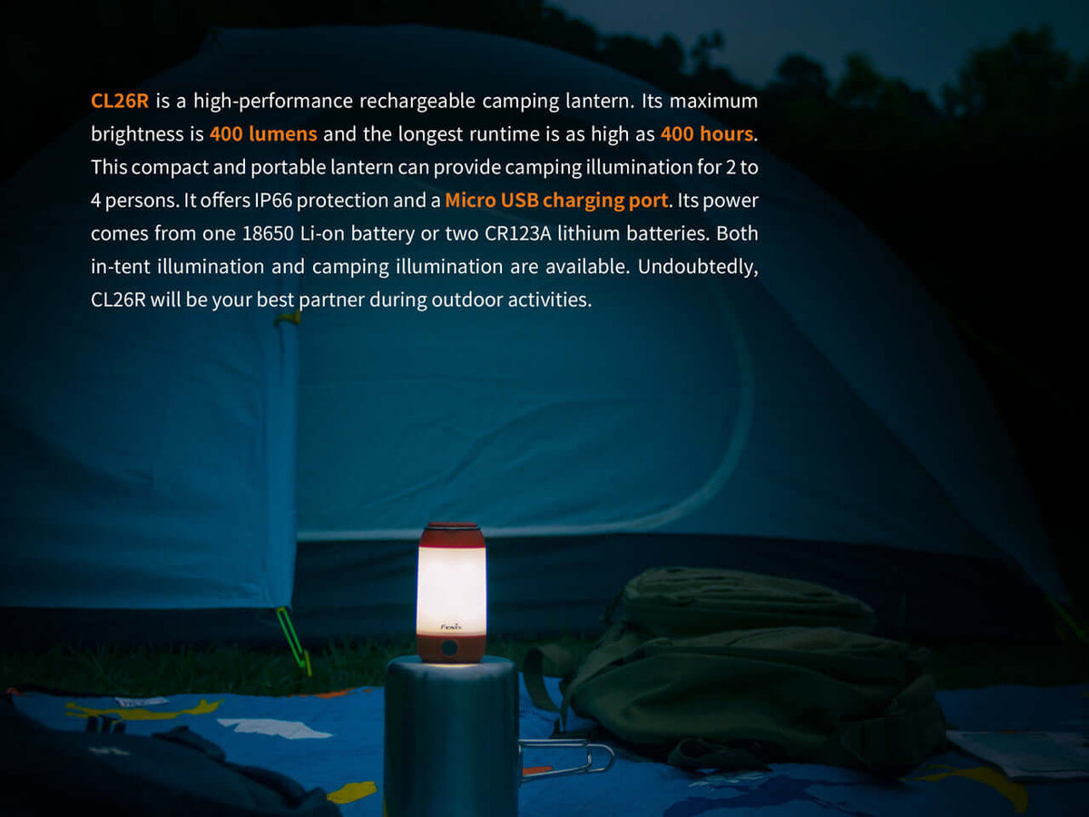 Fenix CL26R rechargeable camping lantern with 400 lumens, IP66 protection, and Micro USB charging, ideal for outdoor activities.