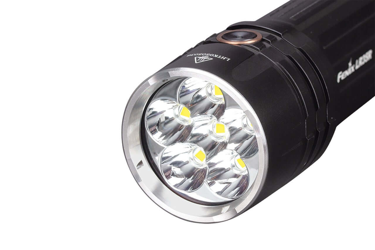 Close-up of Fenix LR35R rechargeable flashlight with six bright LEDs and a durable design.