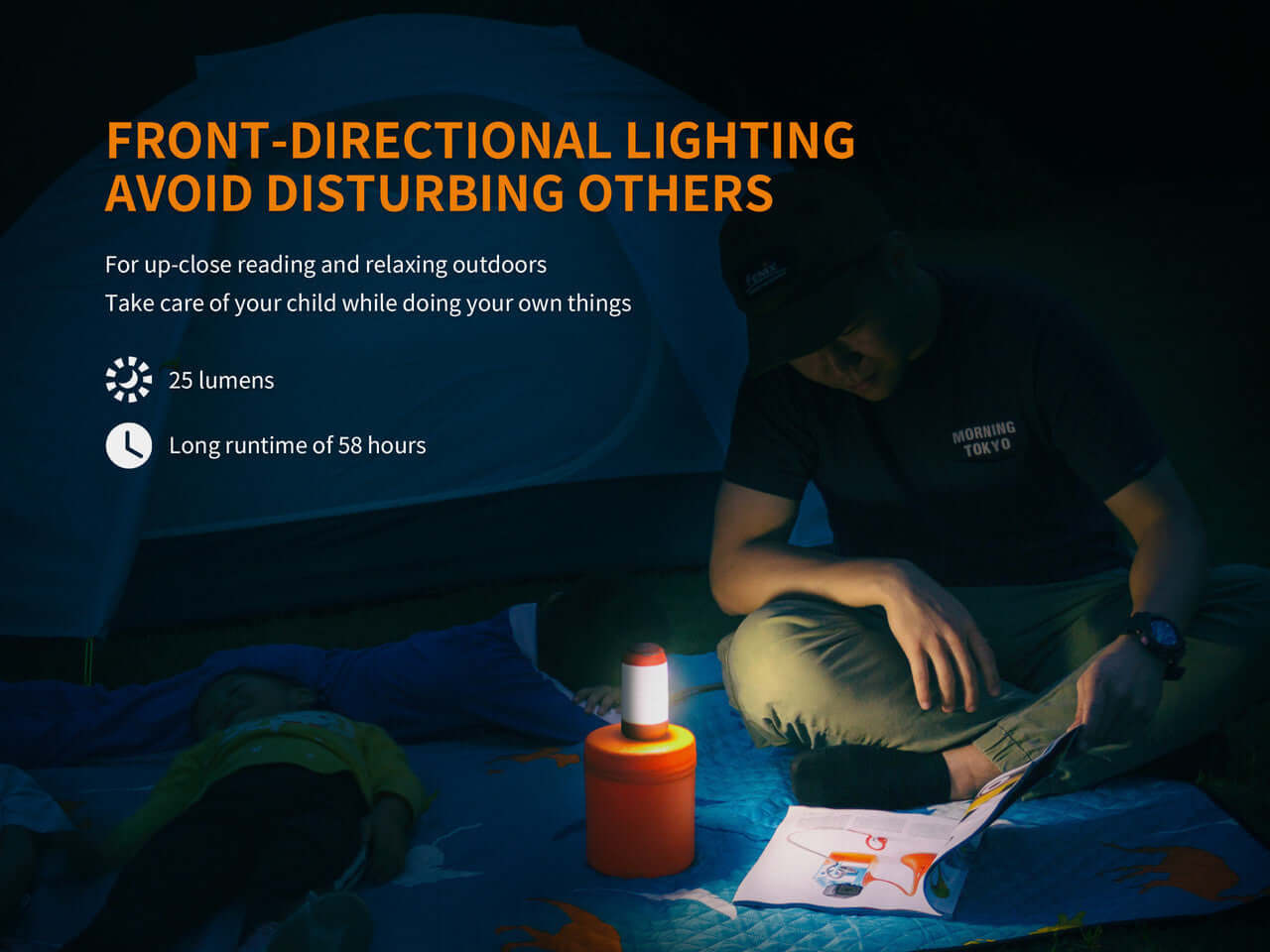 Fenix CL26R camping lantern providing front-directional lighting for reading and camping, with 25 lumens and 58-hour runtime.