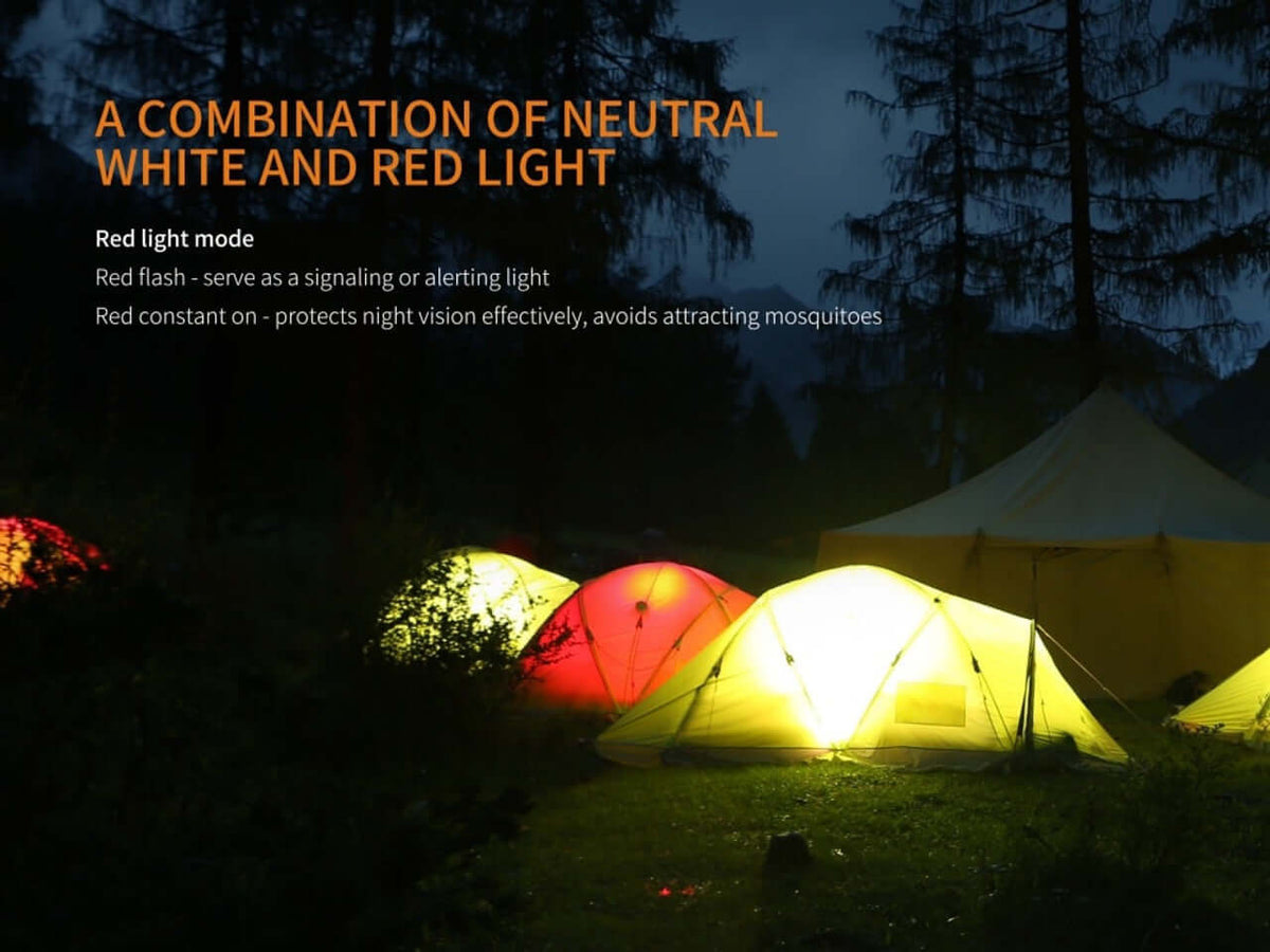 A nighttime camping scene featuring tents illuminated with neutral white and red light for signaling and nocturnal visibility.