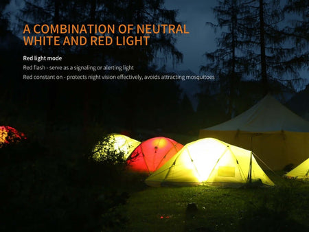 A nighttime camping scene featuring tents illuminated with neutral white and red light for signaling and nocturnal visibility.