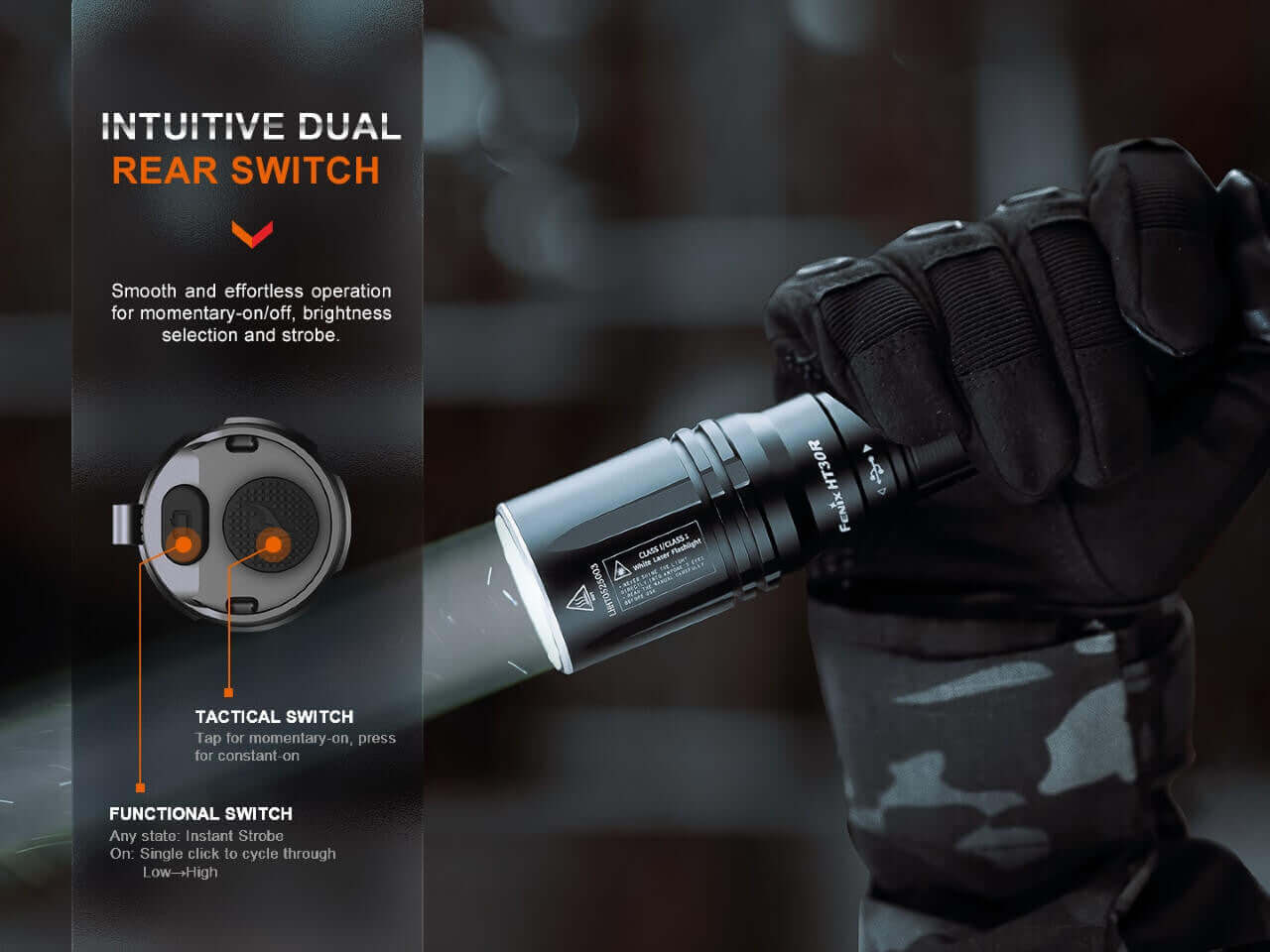 Fenix HT30R white laser flashlight with intuitive dual rear switch for tactical and functional use.