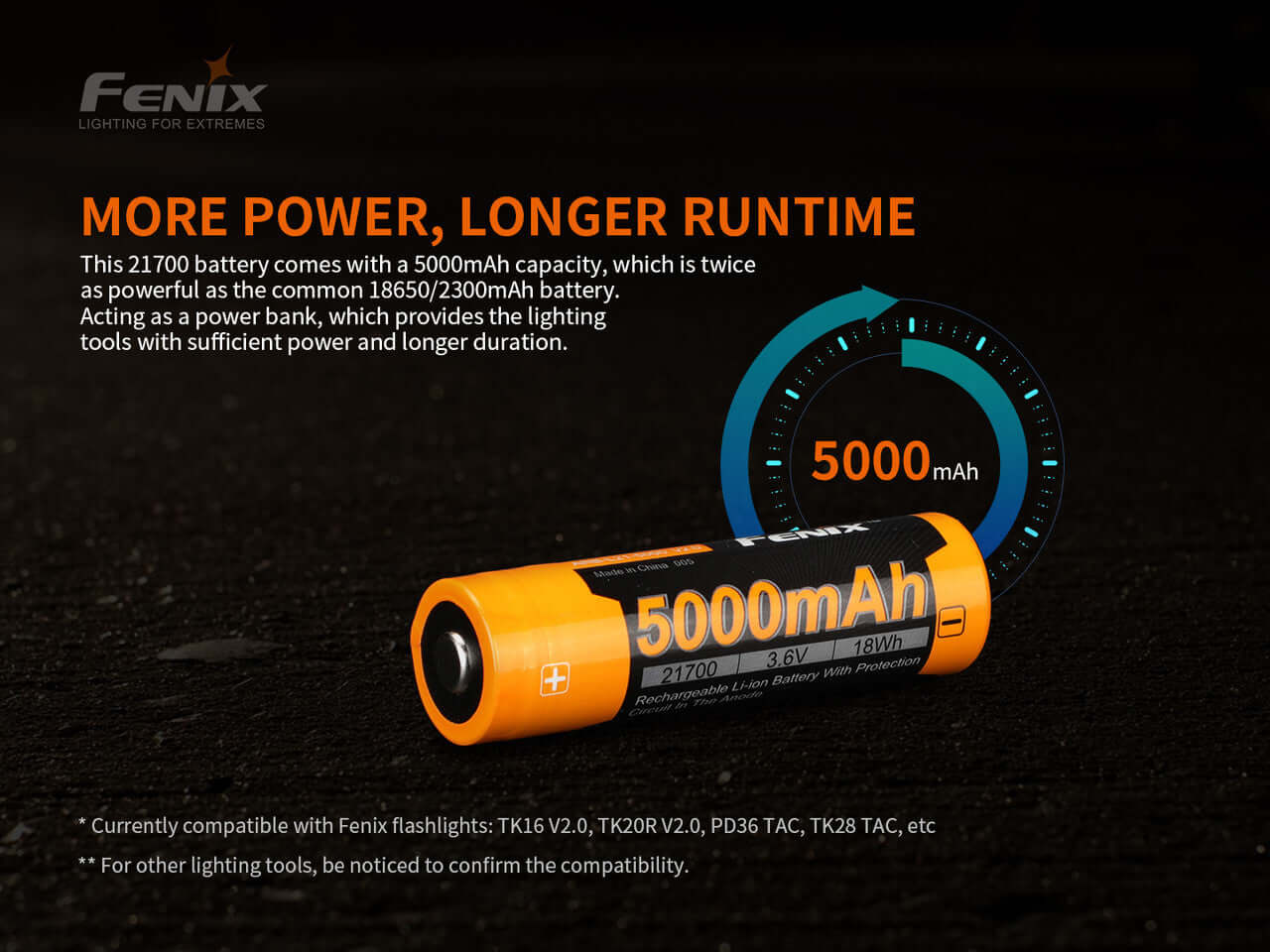 Fenix ARB-L21-5000v2 5000mAh Li-ion battery offering high power and extended runtime for flashlights.