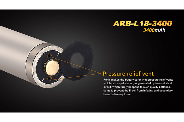 Close-up of Fenix ARB-L18-3400mAh battery showing pressure relief vent for enhanced safety.