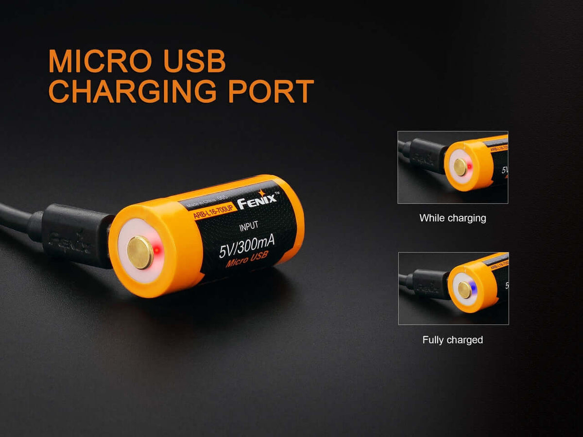 Fenix micro USB charging port for 16340 battery, highlighting charging status indicators.