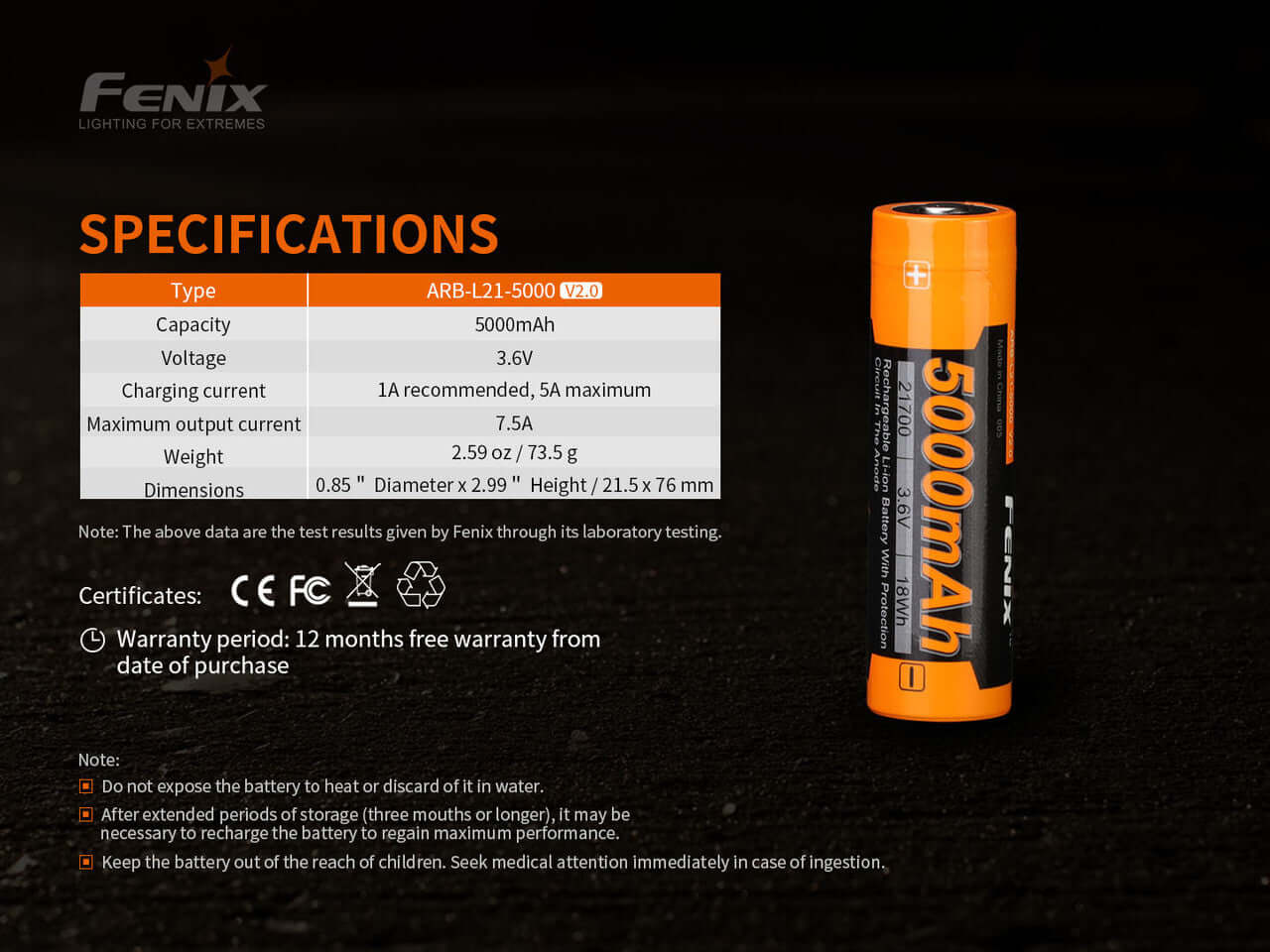 Fenix ARB-L21-5000 rechargeable 5000mAh Li-ion battery specifications and features.