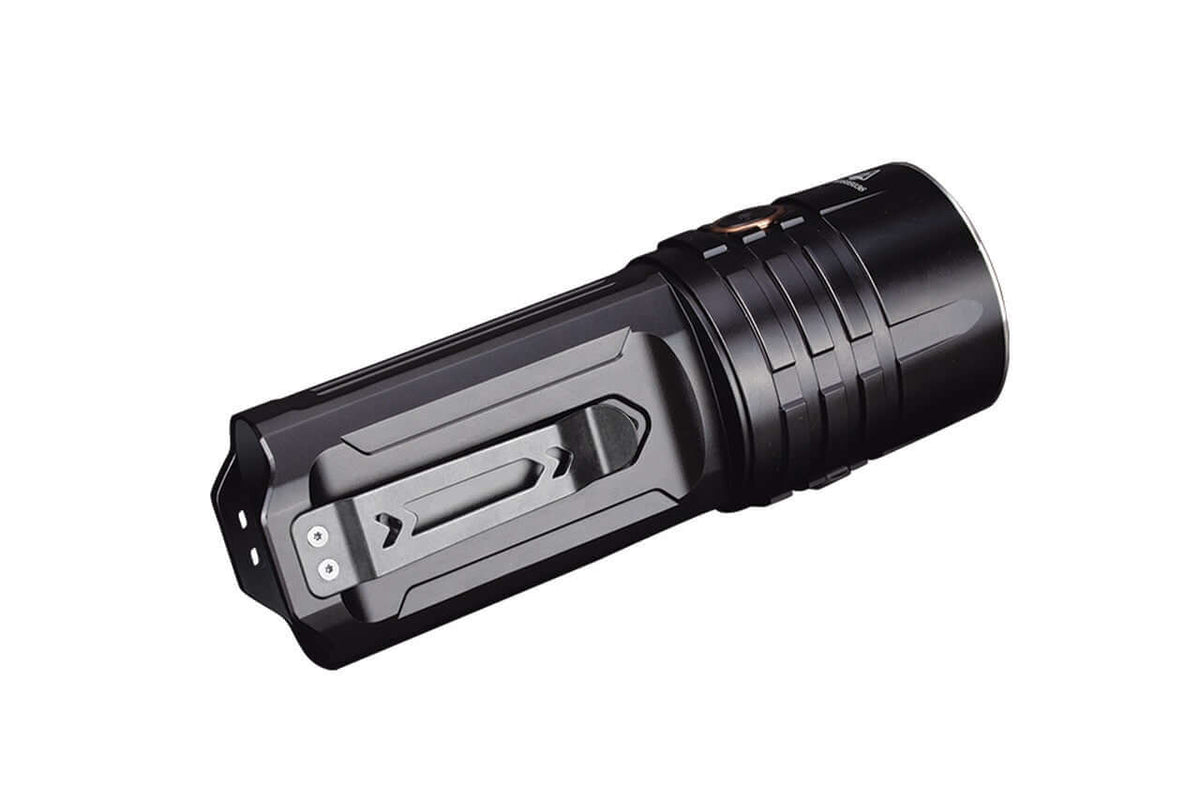 Fenix LR35R rechargeable flashlight showcasing its sleek design and heavy-duty pocket clip.