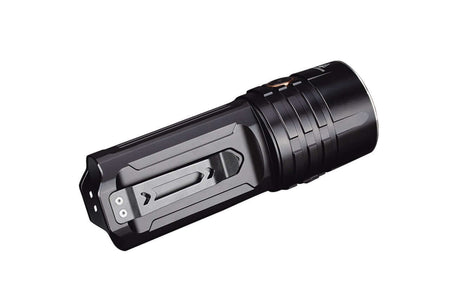 Fenix LR35R rechargeable flashlight showcasing its sleek design and heavy-duty pocket clip.