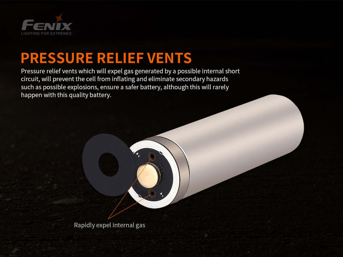 Fenix ARB-L21-5000 V2 battery showcasing pressure relief vents for safety and hazard prevention.