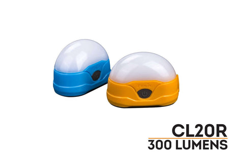Fenix CL20R rechargeable camping lanterns in blue and orange, offering 300 lumens for outdoor adventures.
