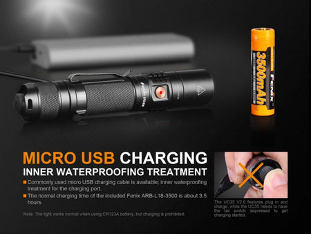 Fenix UC35 V2.0 flashlight with micro USB charging and waterproof treatment, showing battery life and charging details.