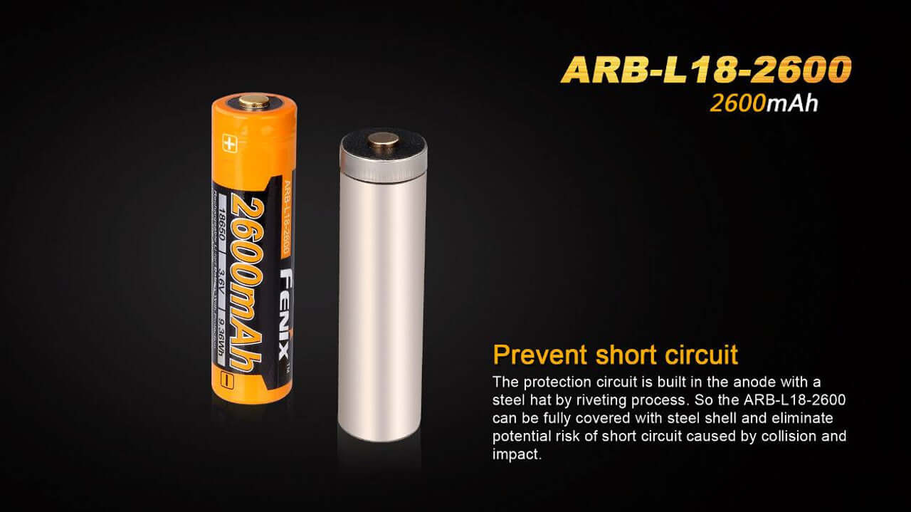 Fenix ARB-L18-2600 rechargeable 18650 battery, designed to prevent short circuits with enhanced safety features.