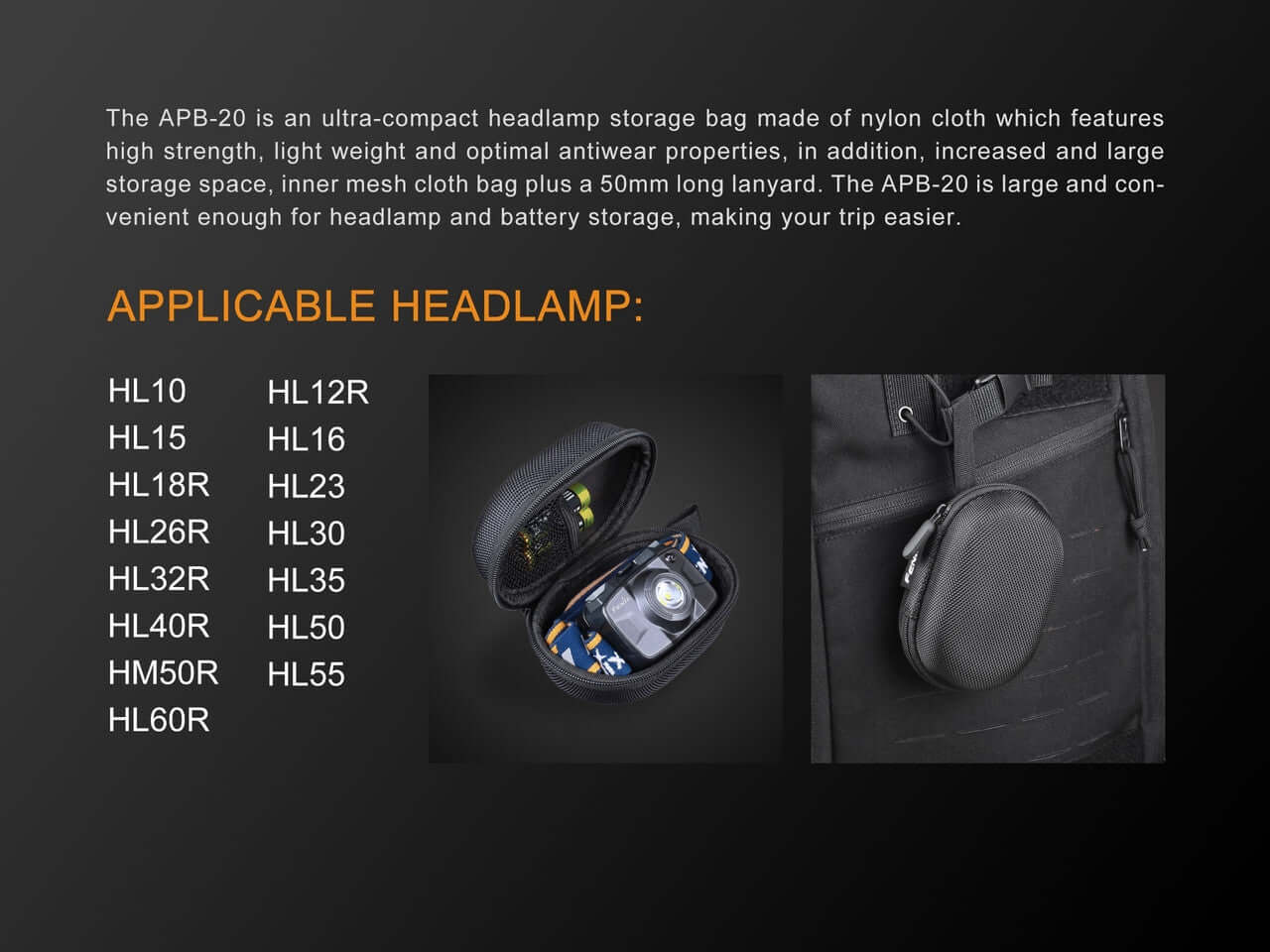 Fenix APB-20 headlamp storage bag showcasing its features and compatibility with various headlamp models.