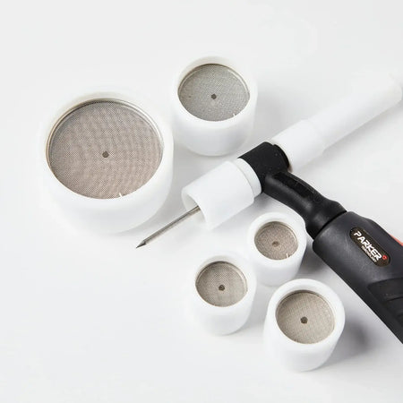 Teflon cups and welding tool, showcasing durable TEFLON construction and mesh design for superior gas flow in welding applications.