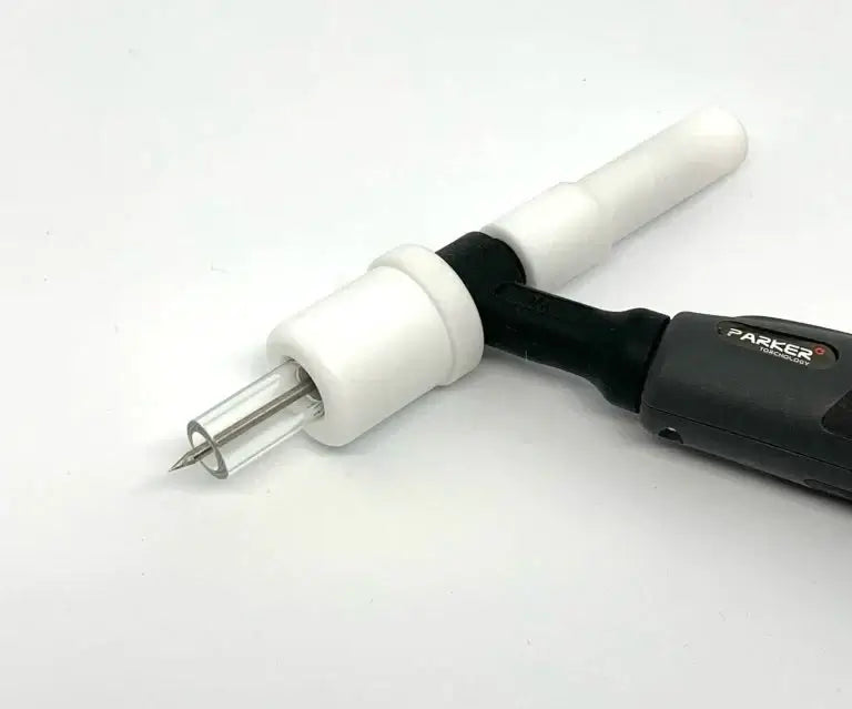 AC-150 #5 cup and nozzle for TIG welding, featuring Quartz and Ceramic materials suitable for tight access areas.