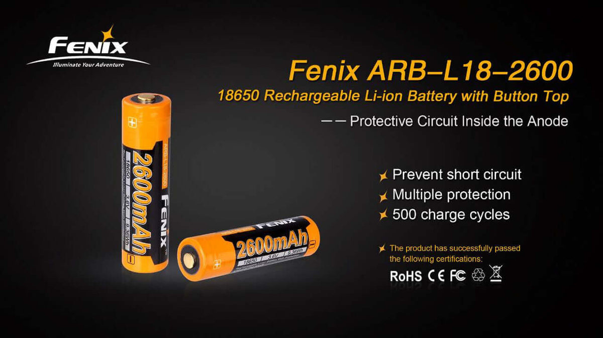 Fenix ARB-L18-2600 18650 rechargeable battery showcasing multiple protection features and 500 charge cycles.