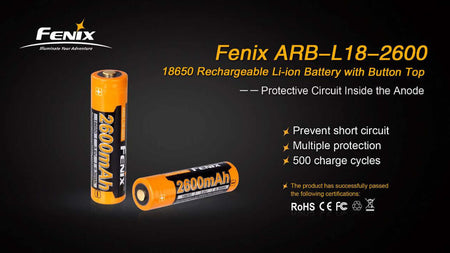 Fenix ARB-L18-2600 18650 rechargeable battery showcasing multiple protection features and 500 charge cycles.