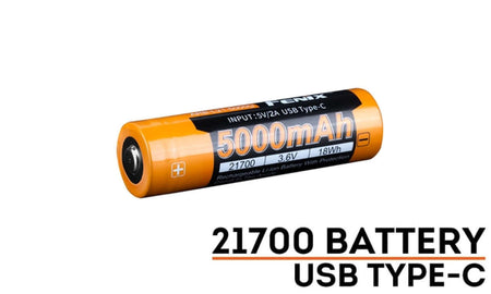 Fenix 21700 Lithium-ion battery with 5000mAh capacity and USB Type-C charging port.