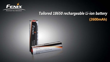 Fenix rechargeable 18650 Li-ion battery (2600mAh) designed for optimal performance in specific Fenix flashlight models.