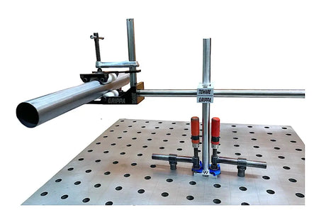 GRIPPA work holding system for round tubing, designed for intake and exhaust systems, elevating workbench access.