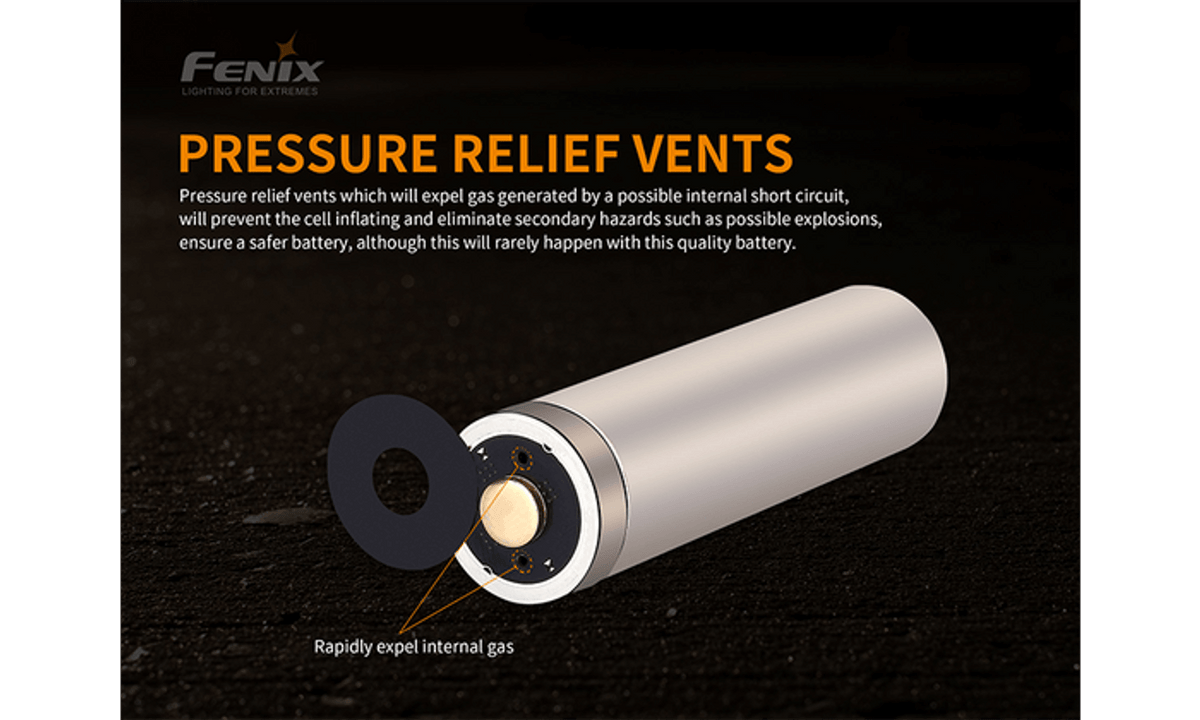 Close-up of Fenix 21700 battery highlighting pressure relief vents for safety and performance.