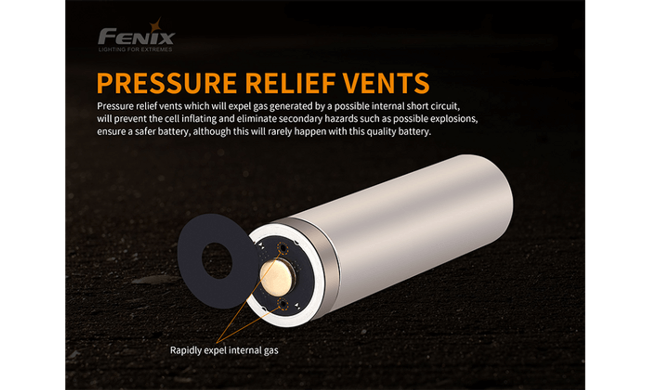 Close-up of Fenix 21700 battery highlighting pressure relief vents for safety and performance.