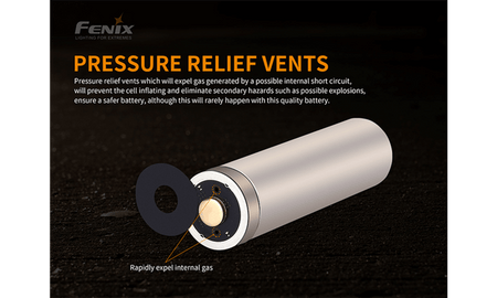 Close-up of Fenix 21700 battery highlighting pressure relief vents for safety and performance.