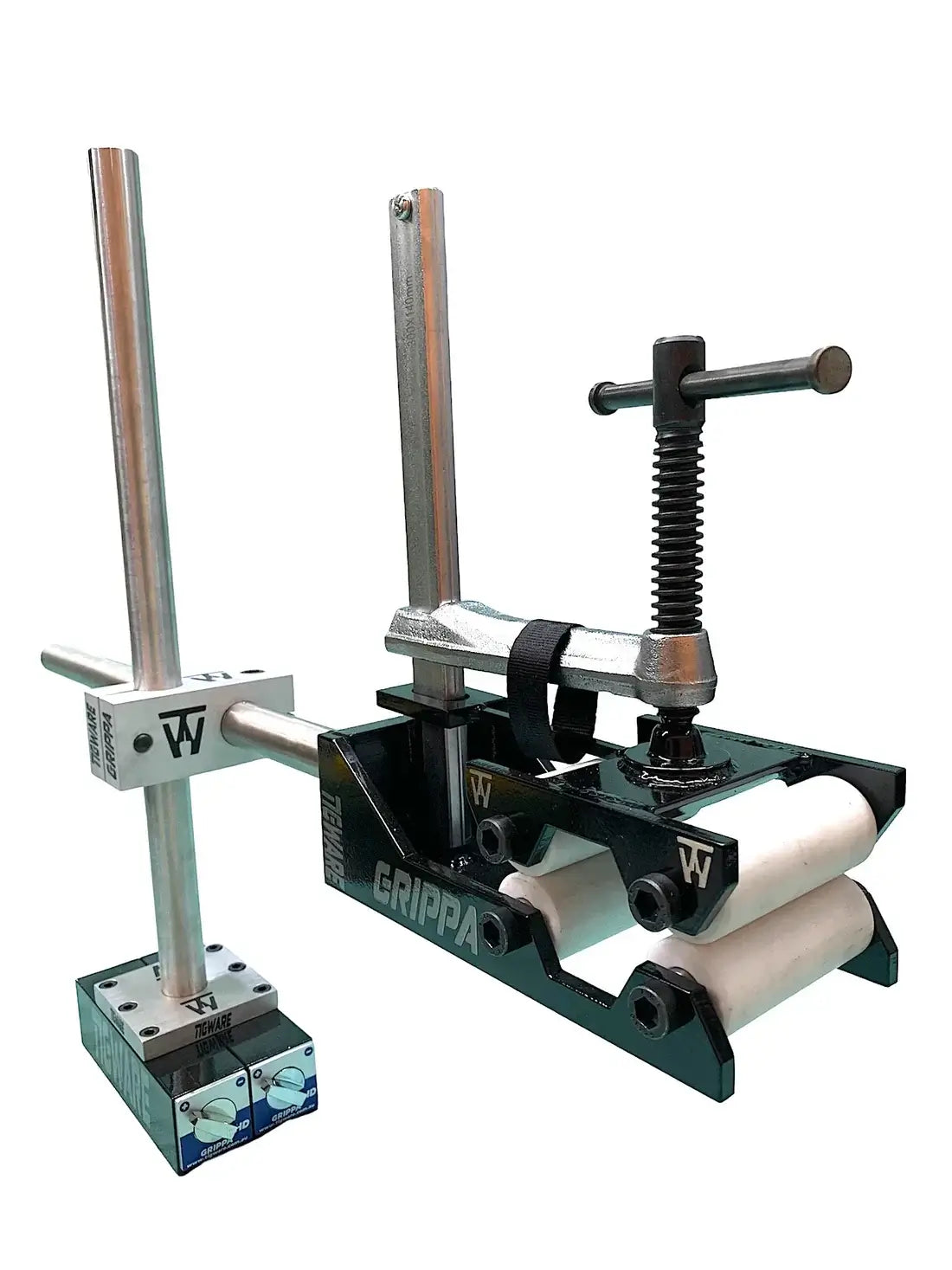 GRIPPA work holding tool for intake and exhaust systems, designed to elevate and secure round tubing from 2" to 4".