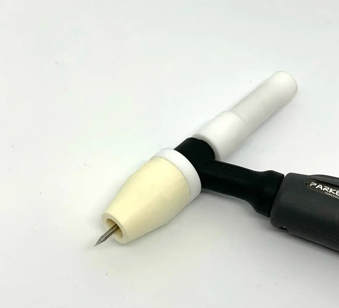 Quartz/Ceramic AC-250 #6 TIG nozzle for precise welding in tight spaces, rated for 250 Amps.