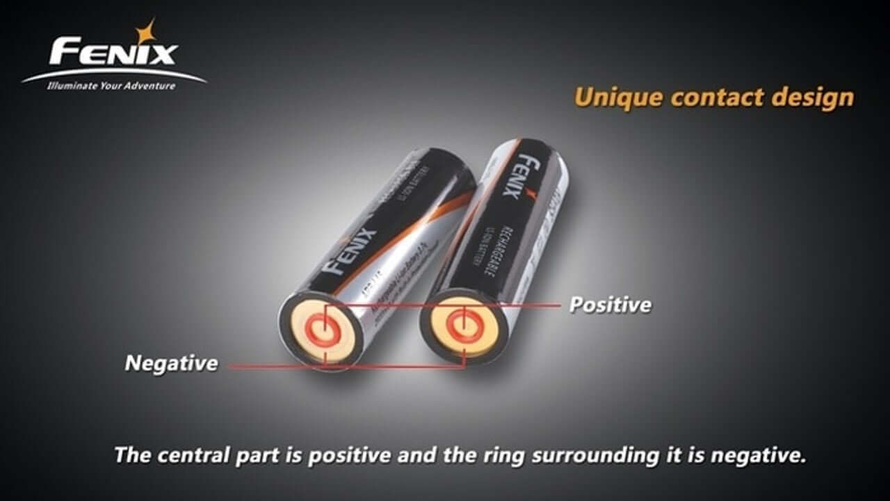 Fenix ARB-L1-2600 battery design showing positive and negative terminals for optimal performance.