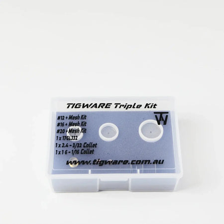 TIGWARE Teflon Triple Kit in clear box, featuring various mesh and collet components for effective welding.
