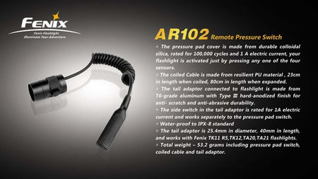 Fenix AER-01 remote pressure switch with durable cover and coiled cable for reliable flashlight activation.