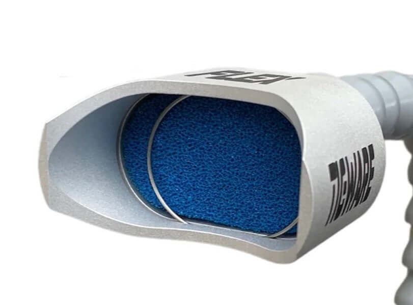 Close-up of the FLEX-Mini, showcasing its innovative design with blue filter and aluminum housing for improved shielding.