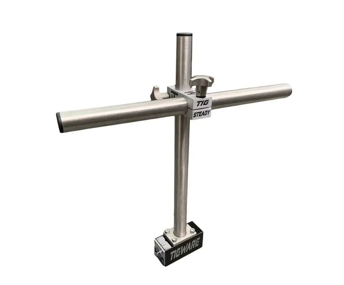 TIG Steady by TIGWARE, robust stainless steel welding tool with strong magnetic base for stable support.