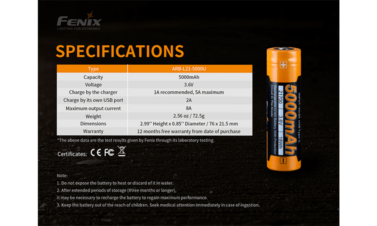 Specifications for Fenix ARB-L21-5000U 5000mAh USB-rechargeable Li-ion battery with dimensions.