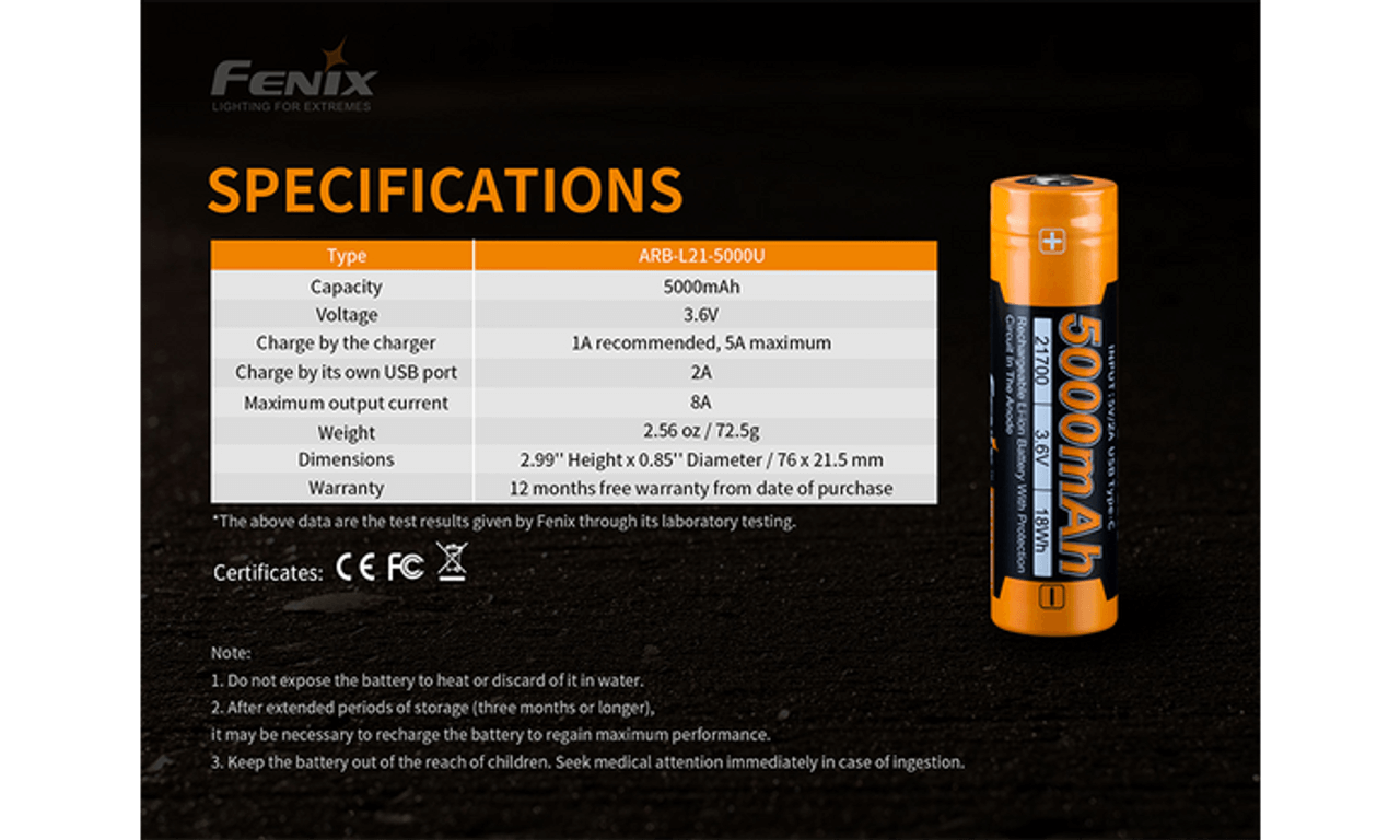 Specifications for Fenix ARB-L21-5000U 5000mAh USB-rechargeable Li-ion battery with dimensions.