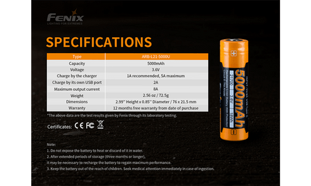 Specifications for Fenix ARB-L21-5000U 5000mAh USB-rechargeable Li-ion battery with dimensions.
