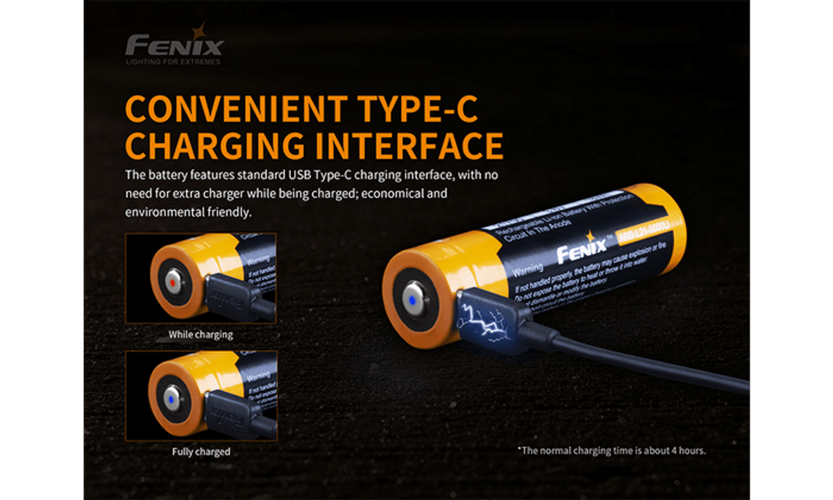 Fenix USB Type-C rechargeable battery showing charging status and interface for eco-friendly charging.