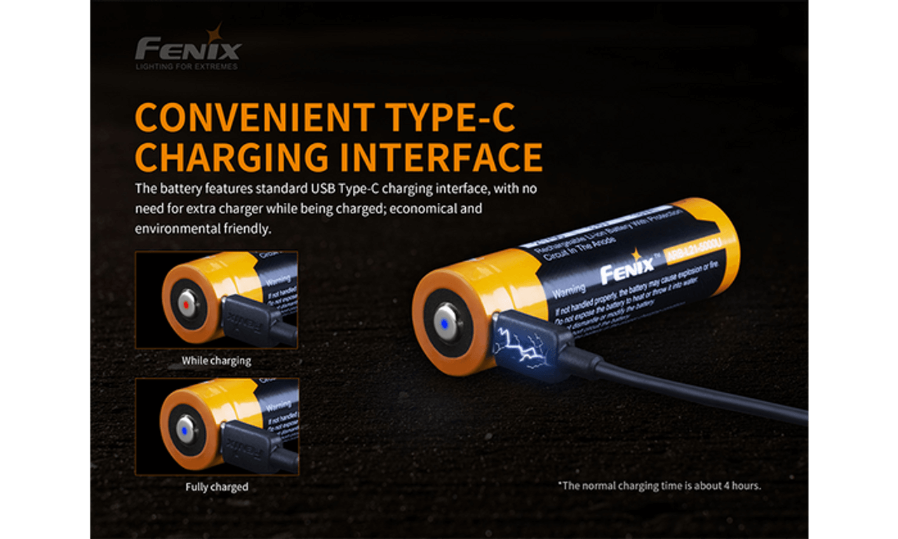 Fenix USB Type-C rechargeable battery showing charging status and interface for eco-friendly charging.
