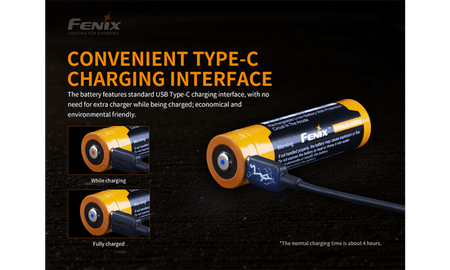 Fenix USB Type-C rechargeable battery showing charging status and interface for eco-friendly charging.