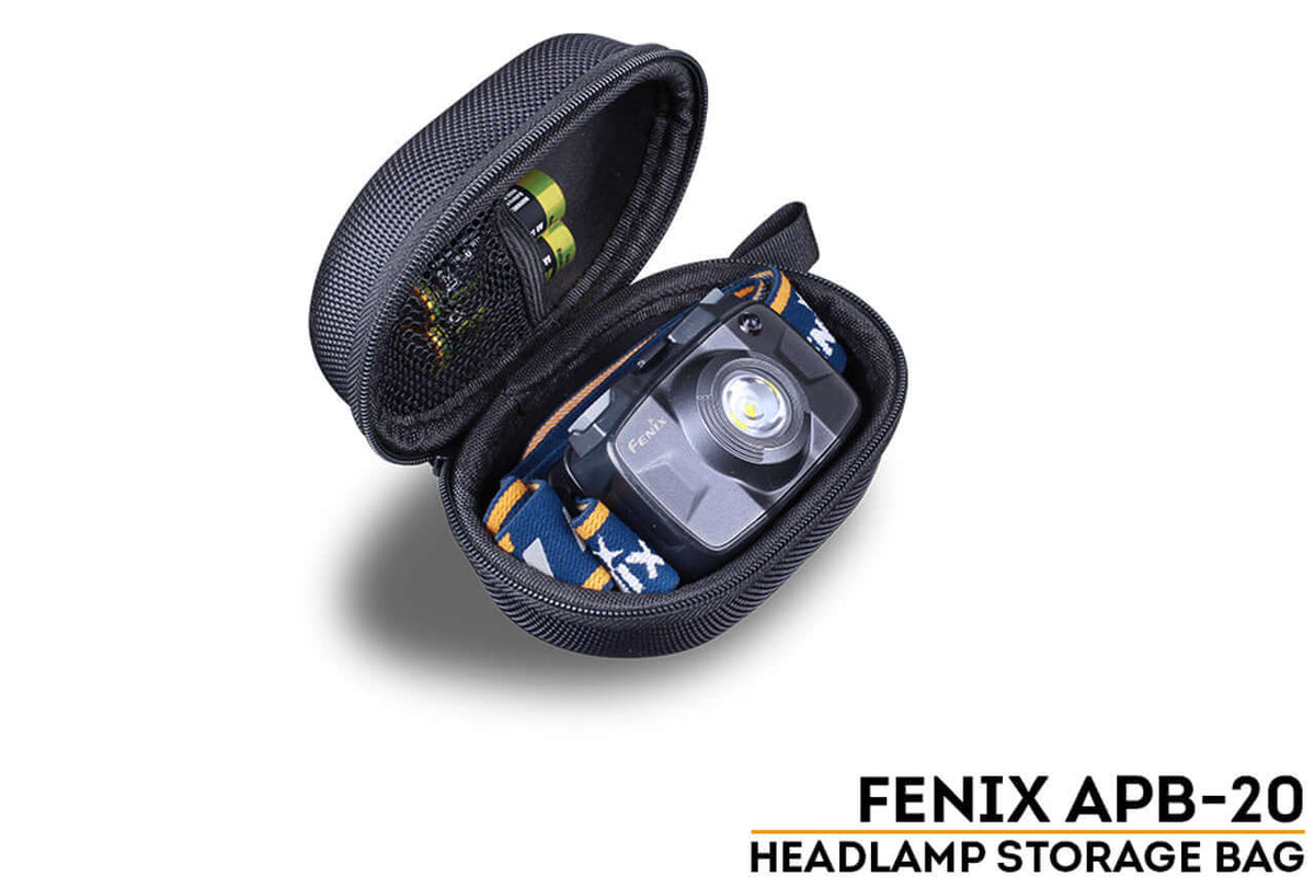 Fenix APB-20 headlamp storage bag featuring a compact design with a headlamp inside and multipurpose pocket.